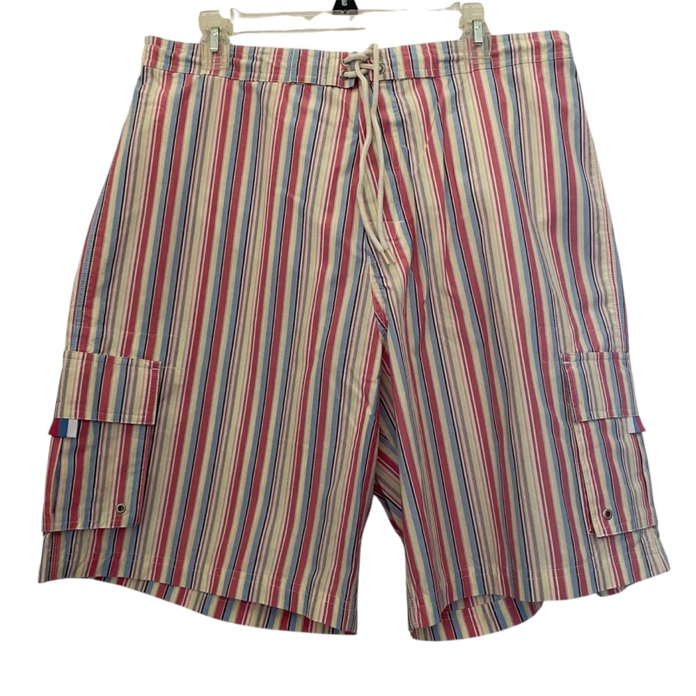 Cremieux Men’s Striped Cargo Swim Shorts XL Elastic Waist Drawstring